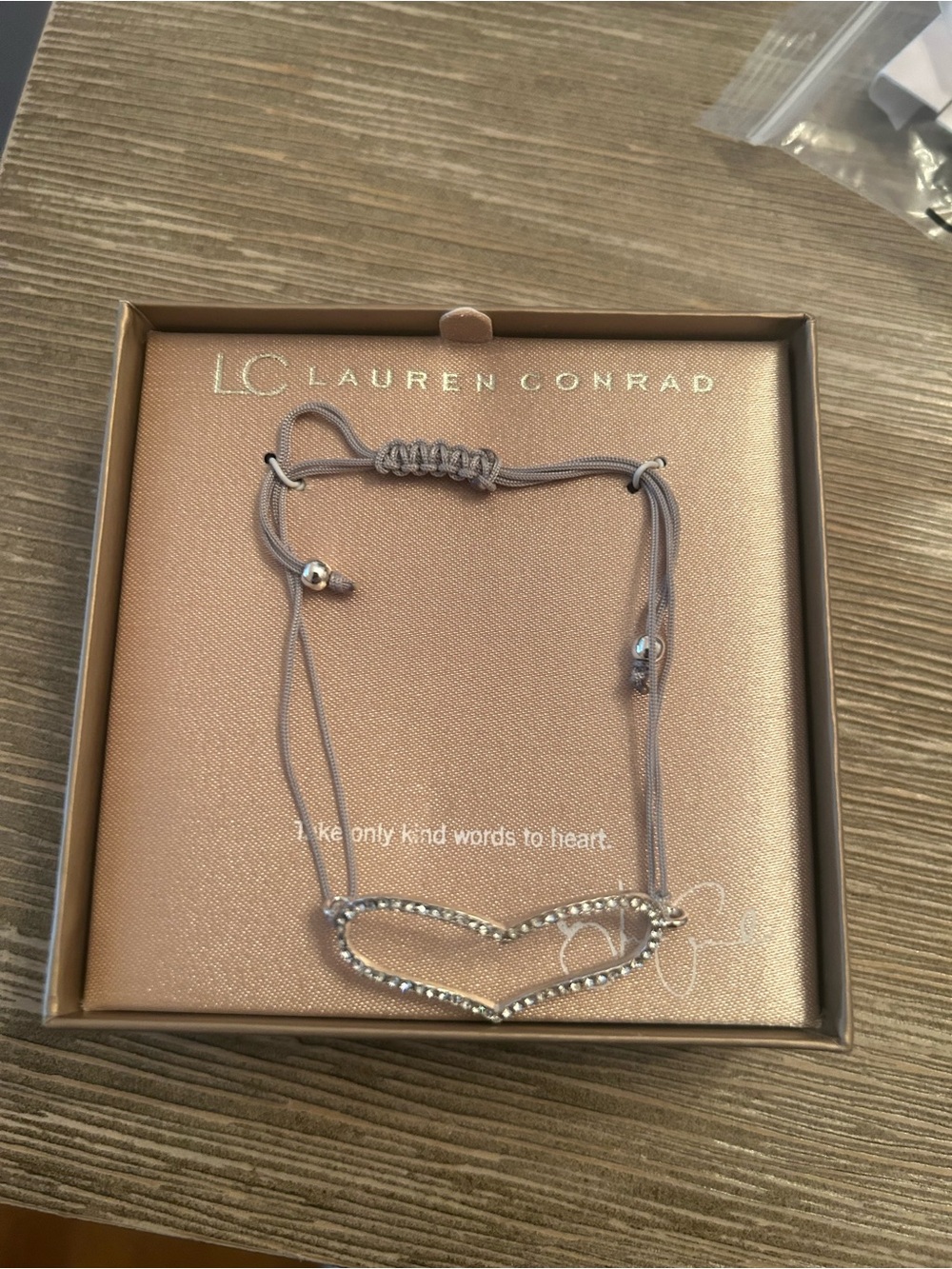 LC Lauren Conrad Gray Cord Bracelet with Rhinestone Heart